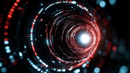 Poster - Futuristic circular tunnel with glowing red and blue light particles creating dynamic spiral effect against dark background, suggesting high-tech motion and speed.