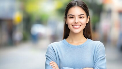 Wall Mural - Smiling woman city street portrait, arms crossed, background blurred