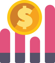 Poster - vector illustration of a gold dollar coin increasing over four pink and purple bars on a white backg