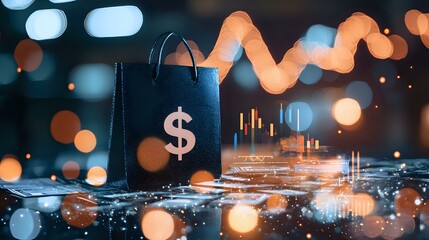 Poster - Shopping bag with dollar sign and financial chart glowing in dark background with orange bokeh lights and digital wave effect, business concept.