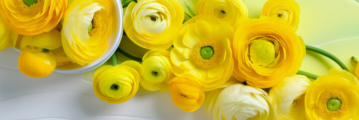 Poster - Bright yellow ranunculus flowers arranged elegantly on a soft pastel background in a gently lit setting