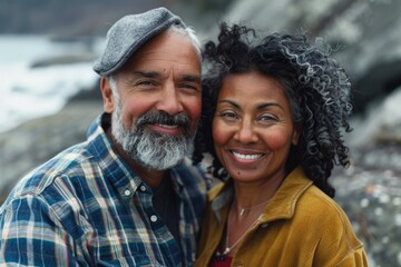 Wall Mural - Portrait of a merry mixed race couple in their 50s dressed in a relaxed flannel shirt over rocky shoreline background