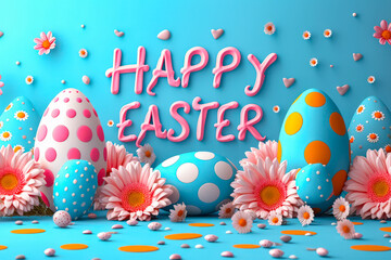 Poster - Colorful decoration with Easter eggs and flowers celebrates the holiday in a vibrant spring setting