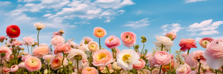 Aufkleber - Colorful flowers bloom under a bright blue sky in a vibrant spring garden displaying various ranunculus species