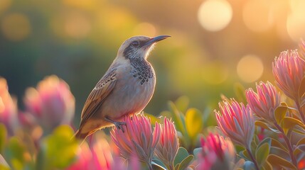 Wall Mural - close up Cape Sugarbird on Protea