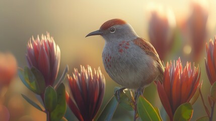 Wall Mural - close up Cape Sugarbird on Protea