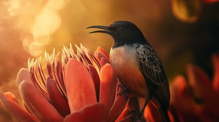 Wall Mural - close up Cape Sugarbird on Protea