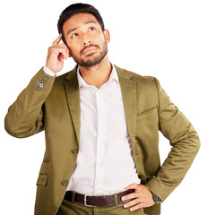 Aufkleber - Thinking, memory and young man brainstorming for a choice, decision or option by wooden table. Planning, ideas and Indian male person dreaming for reflection isolated by transparent png background.