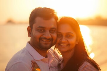 Wall Mural - Portrait of a blissful indian couple in their 30s donning a classy polo shirt on calm bay background