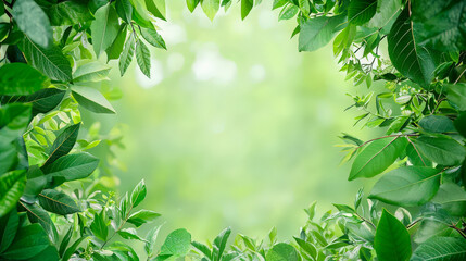 Wall Mural - Lush green leaves framing a bright, serene background in a forested area during daylight hours