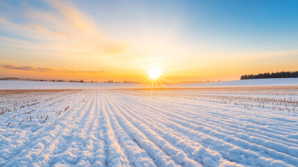 Wall Mural - sun is setting over a snow-covered agricultural field, casting long shadows and highlighting the cro