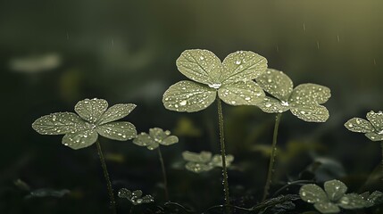 Poster - Delicate wood sorrel leaves covered in morning dew drops against dark green background create atmospheric nature macro photography composition.