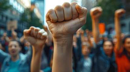 Labour Day Workers’ Rights Protest with Signs and Raised Fists, Demonstrating Unity and Advocacy for Fair Work Conditions