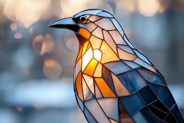 Poster - Geometric stained glass bird with glowing orange and blue segments against blurred bokeh background, artistic mosaic style craftsmanship illuminated from within.