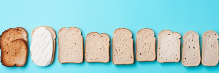 Poster - Textured white bread pieces against a soft sky blue background with light tones of brown