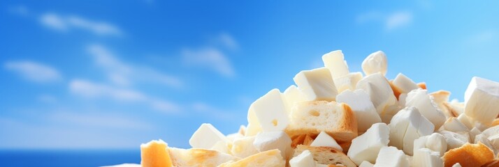 Poster - Textured white bread slices against a sky blue background featuring soft blue and brown tones
