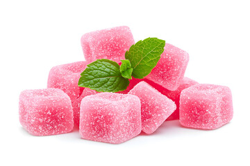 Wall Mural - A pile of pink strawberry jelly cubes isolated on white background.