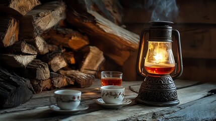 Wall Mural - Warm tea in vintage cups beside a lit kerosene lamp & firewood.