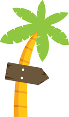 Poster - cartoon palm tree with a wooden sign is pointing to the right, showing the way to the beach
