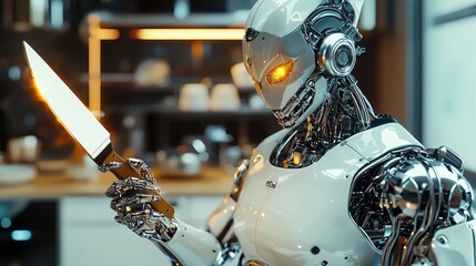Poster - Futuristic Chef Robot, A culinary android wielding a gleaming knife in a modern kitchen.