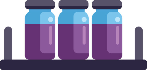 Poster - Glass jars with purple liquid standing on shelf in row, representing pharmacy, medicine, experiment or chemical concept