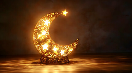 Wall Mural - A glowing crescent moon and star lantern casting intricate light patterns on a wooden table