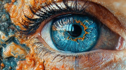 Poster - In a striking close-up, a vivid blue eye sparkles with swirling patterns and dynamic colors, showcasing a unique blend of natural textures. The detailed lashes frame this captivating sight