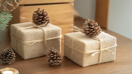 Canvas Print - A set of eco-friendly gift boxes, tied with jute string, placed on a wooden table with pine cones