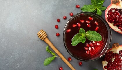 Wall Mural - Refreshing pomegranate drink with mint, garnished with honey.