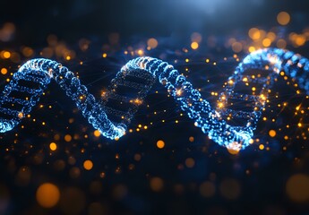 Poster - Glowing blue DNA helix structure with golden bokeh particles floating in dark space, scientific molecular background for genetics and biotechnology research.