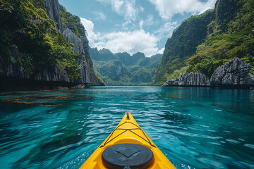 Wall Mural - Kayaking on a tranquil river surrounded by lush greenery and sunlight generative AI