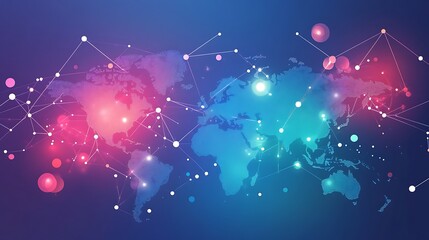 Global network connection, world map with glowing nodes and lines.