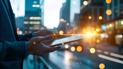 Poster - Professional holding smartphone with glowing digital interface against blurred urban nightscape with bokeh lights, representing mobile technology.