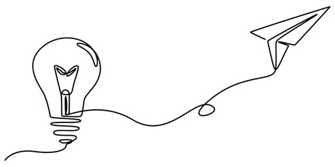 Fototapete - Paper plane flying up connected with light bulb in one continuous line drawing. Airplane in outline style. Startup business idea concept with editable stroke. Vector illustration, pro vector on white.