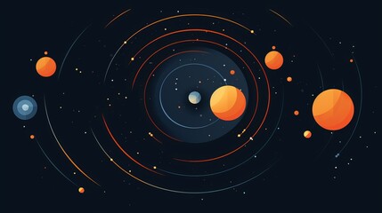 Poster - Neon outlines of celestial bodies  depth with planet and star shapes in soft colors on right side
