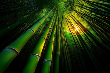 Poster - Bamboo forest with sunlight shining through green nature. Bamboo trees create a dense canopy with sun rays filtering through the leaves in bamboo forest