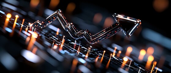 Poster - Glowing financial chart line graph with orange light reflections on dark background showing market trends and stock analysis data visualization.