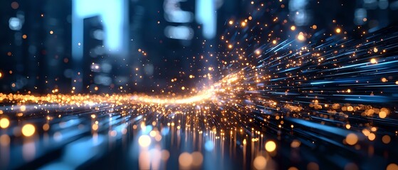 Poster - Glowing golden light trails and sparks burst across dark blue urban background with bokeh effect, creating dynamic motion and energy for technology concepts.