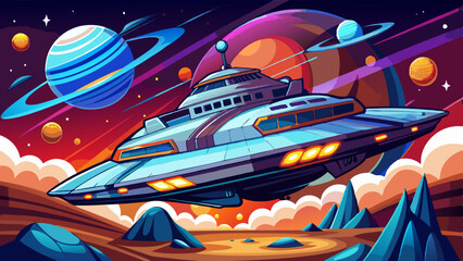 Wall Mural - futuristic spaceship flying in a colorful outer space scene with planets, rings, stars, and a vibran