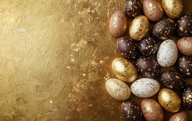 Wall Mural - Chic mockup background with space for text featuring a combination of matte and glossy Easter eggs arranged neatly on a luxury golden surface for Easter