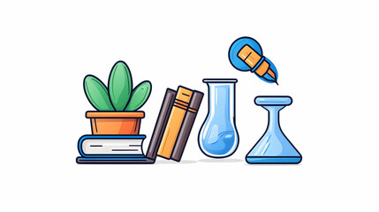 Fototapete - Desk with books, plant, beakers, and idea bulb; education, science, research concept