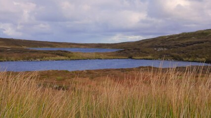 Wall Mural - Arranmore Island in Donegal IrelandA serene view of picturesque lakes nestled in moorland, gracefully surrounded by gentle hills beneath a captivating sky