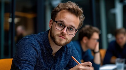 Poster - A man with glasses is sitting at a table with a pen and a glass of water