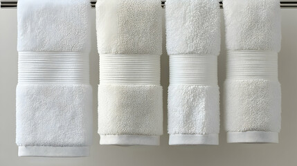 Four folded bath towels hanging in a bathroom.  Home d?cor, luxury feel