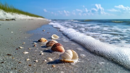 A beach with shells on the sand