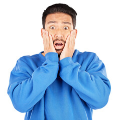 Leinwandbilder - Asian man, portrait and scared with gesture, face or woo for crazy drama, gossip or fear. Male person, expression and horror emoji for omg, wtf or terror on isolated or transparent png background