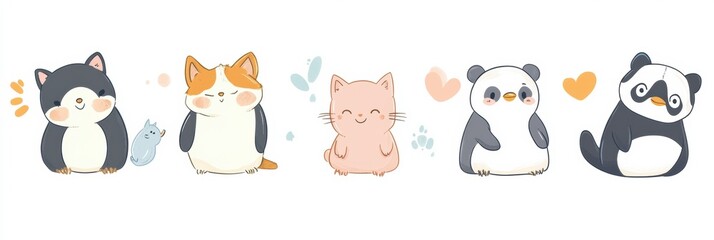 Poster - Cute animal stickers featuring cats, pandas, and other adorable creatures in soft pastel colors. Generative AI