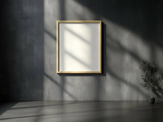 Poster - Picture frame on gray wall with plant in interior design. Empty frame on gray wall with sunlight and plant. Interior design with picture frame and plant on gray wall