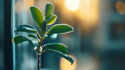 Poster - Fresh green plant leaves with water drops against blurred warm bokeh background, morning dew on foliage creates natural macro photography effect.