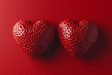 Valentine’s day romantic red background featuring two prominent hearts on a solid red surface